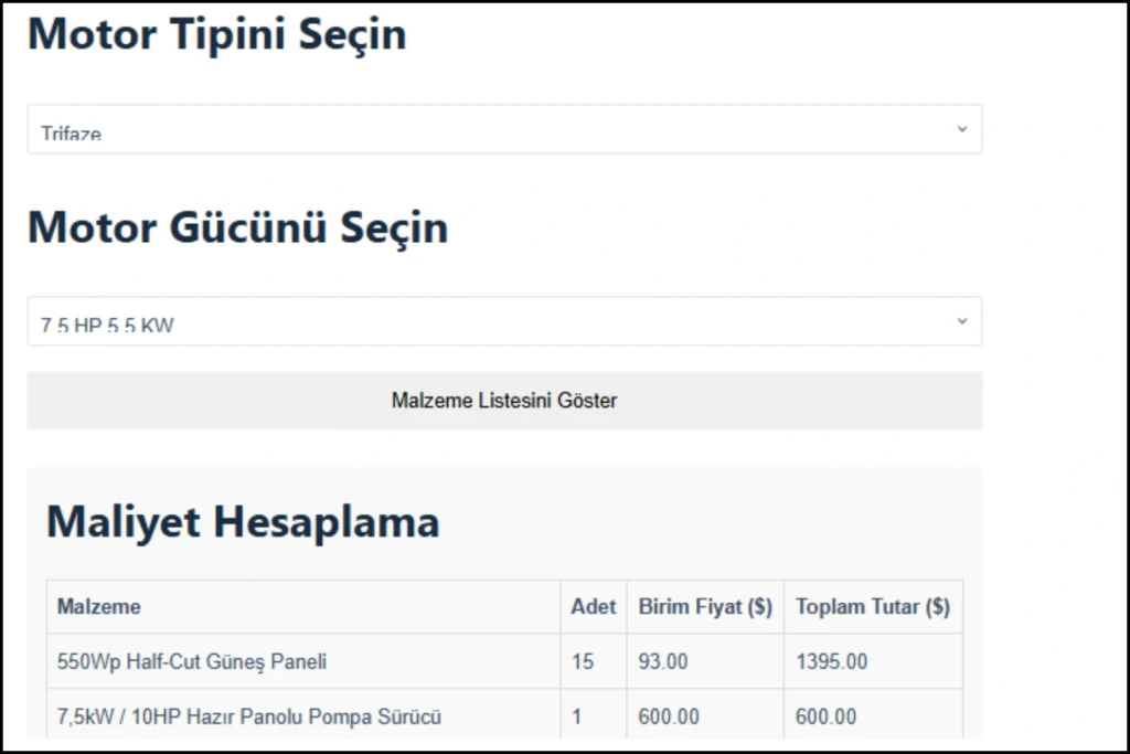 Tarımsal sulama hesaplama aracı motor gücü seçimi